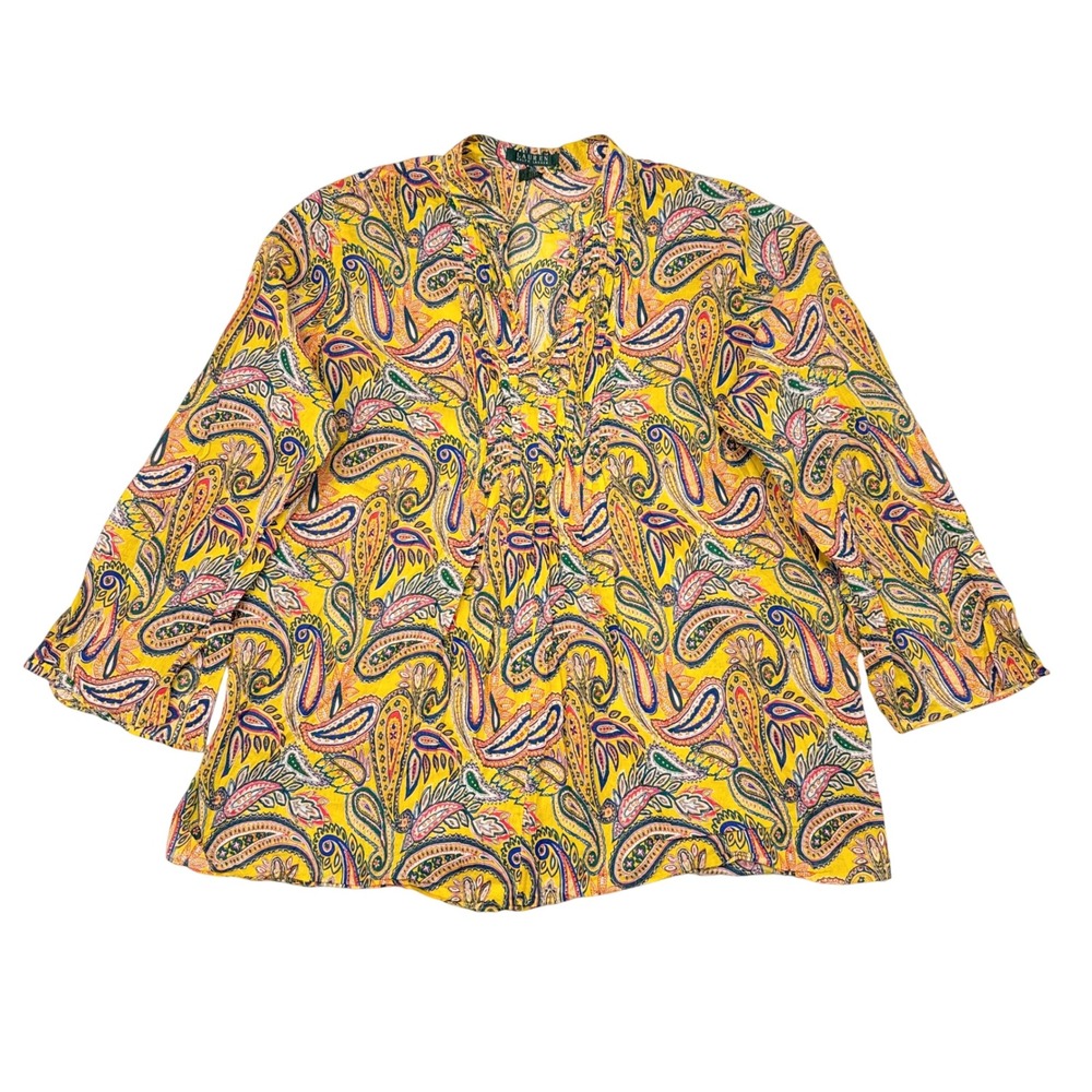 Lauren Ralph Lauren Top Plus Size 1X Multicolor Paisley Floral Ruffle Trim